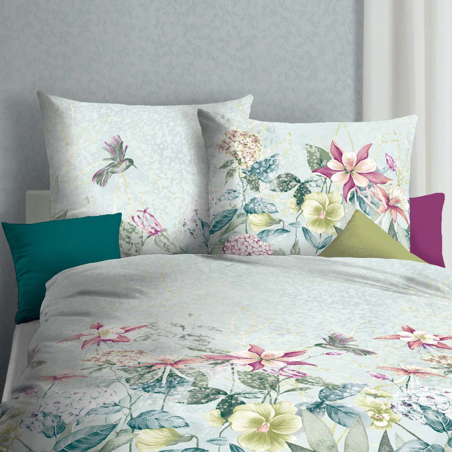 Bettwäsche Mako Satin Ophelia Türkis mit Blumenmuster 135 x 200 cm