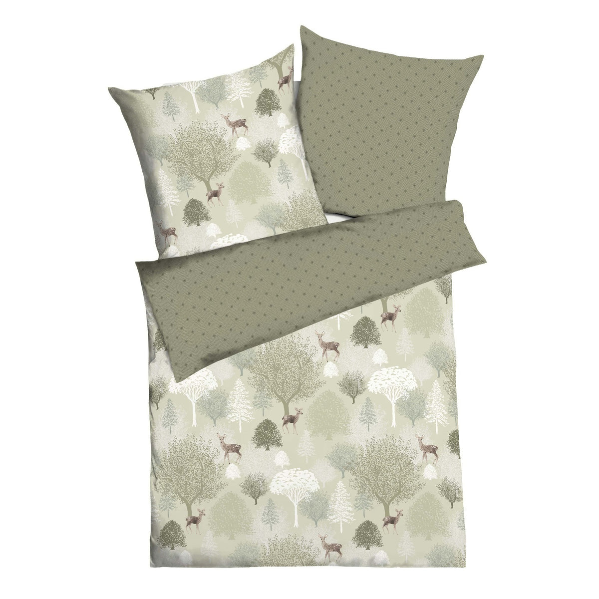 Bettwäsche Biber Autumn Khaki mit Waldmotiv 135 x 200 cm