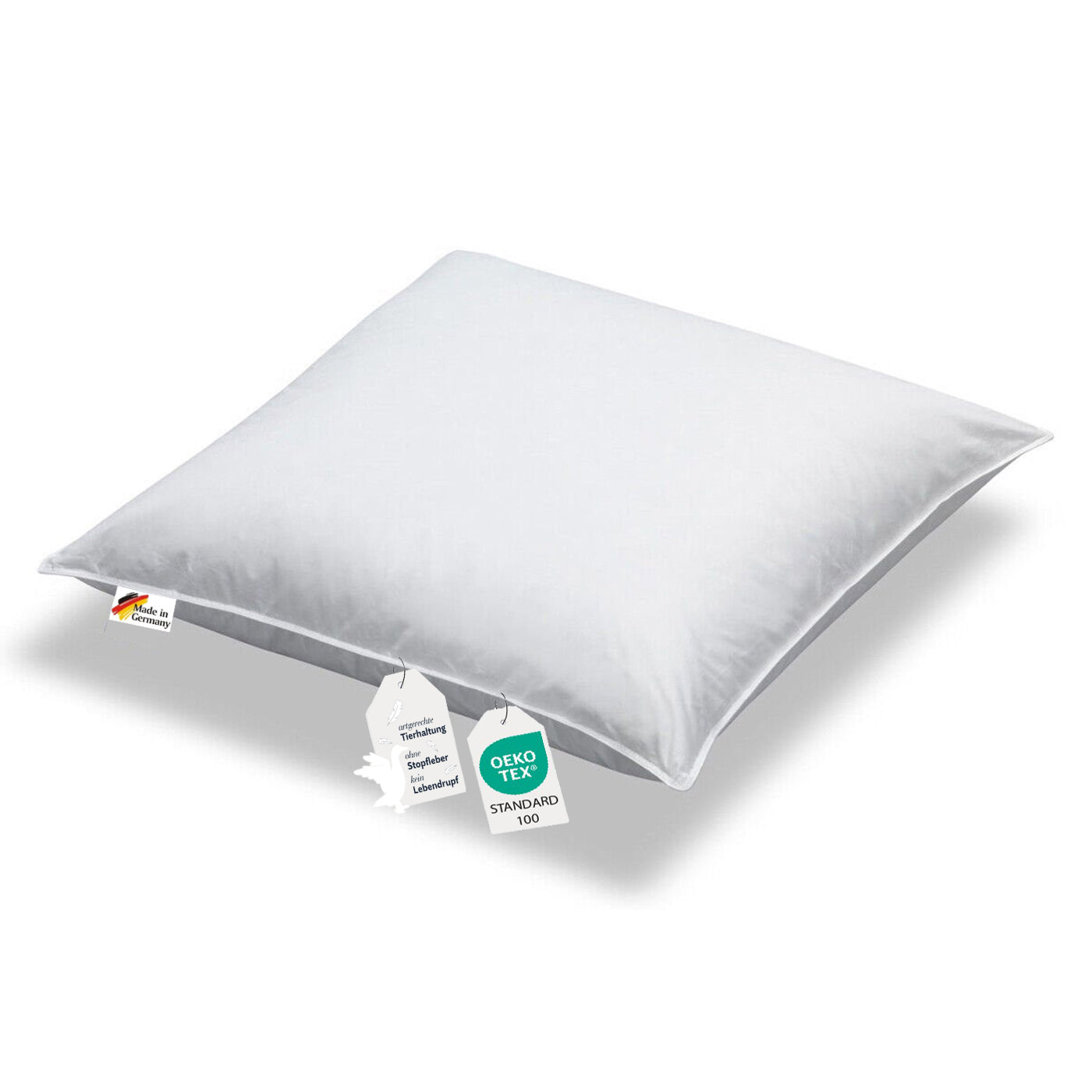 Ein weißes Kopfkissen 80x80 gefüllt mit Daunen für Seitenschläfer geeignet