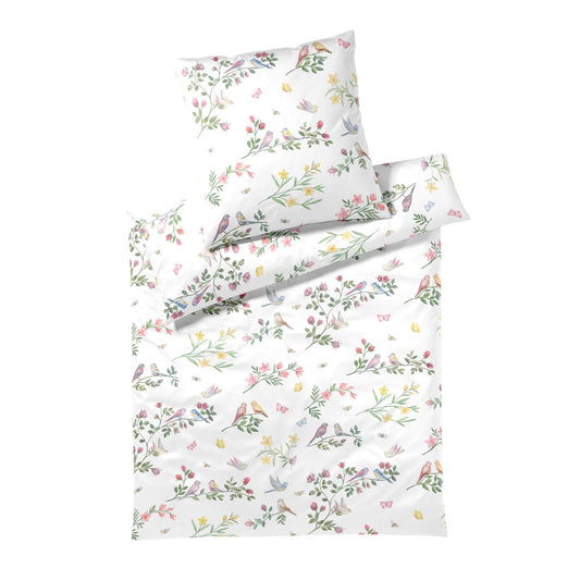Elegante Mako Satin Bettwäsche Songbird 24525-0 Vögel Weiß 135x200