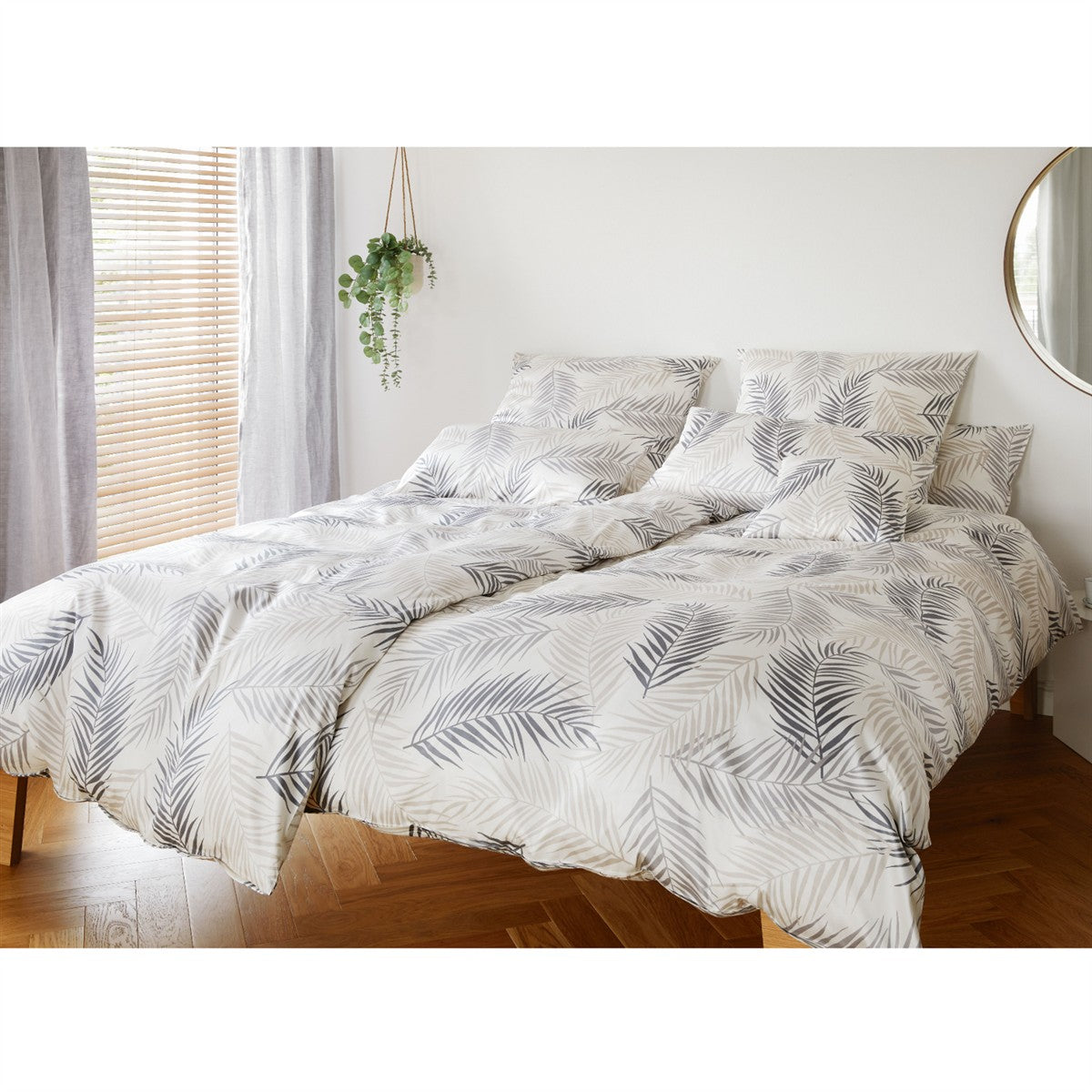 Elegante Mako Satin Bettwäsche Palm 24501-7 Blätter natur grau 135x200