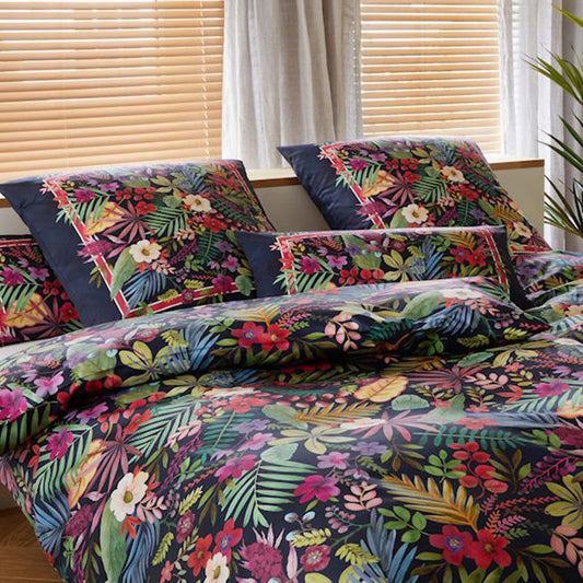 Elegante Interlock Jersey Bettwäsche Rise 24504-22 Blau Blumen 135x200