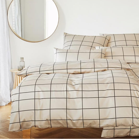 Elegante Mako Satin Bettwäsche Cross 24506-7 beige kariert 135x200