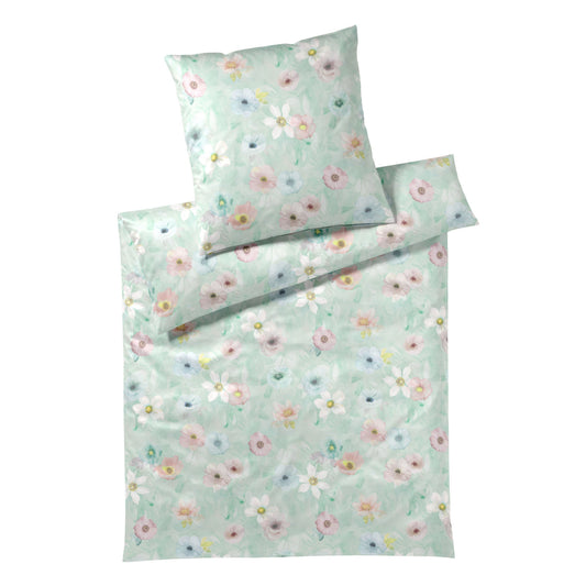 Elegante Mako Satin Bettwäsche Pastel 24519-4 Blumen aqua 135x200
