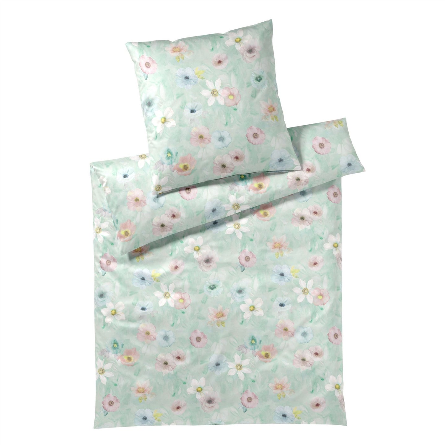 Elegante Mako Satin Bettwäsche Pastel 24519-4 Blumen aqua 135x200