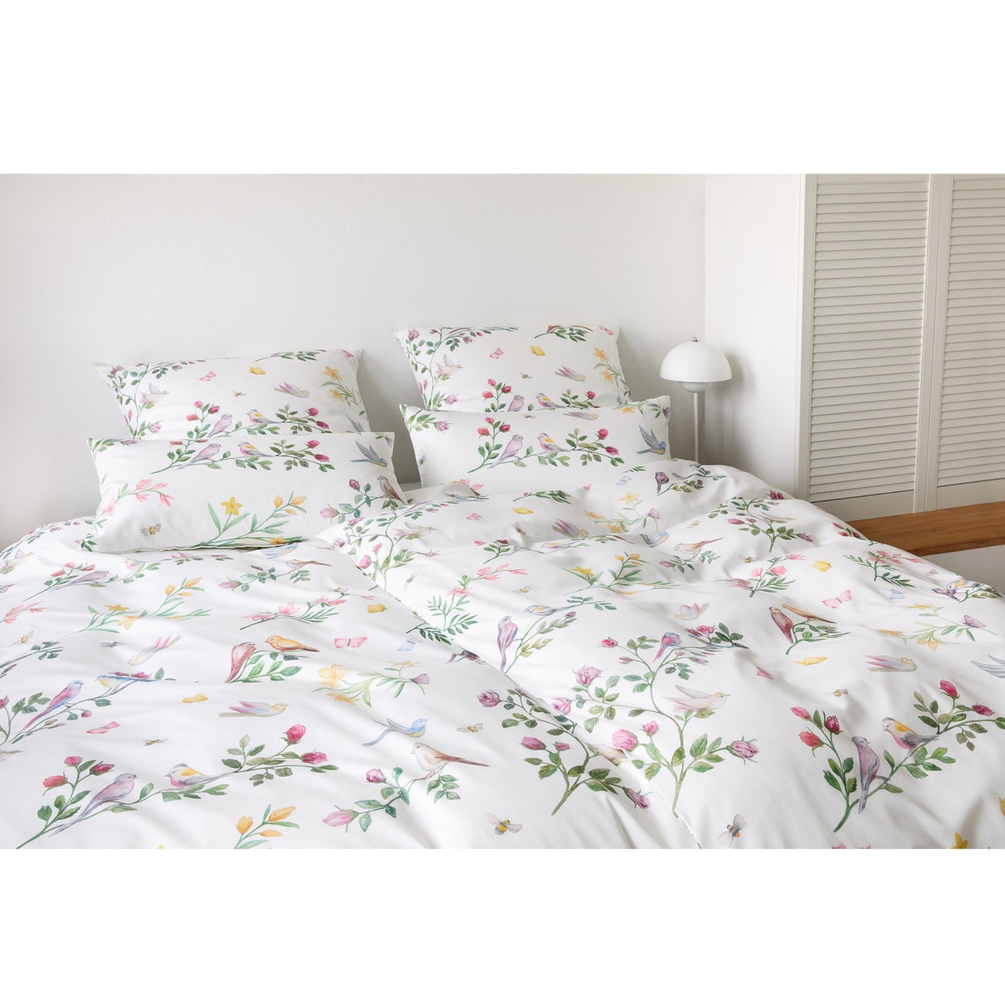 Elegante Mako Satin Bettwäsche Songbird 24525-0 Vögel Weiß 135x200