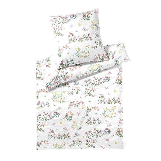 Elegante Mako Satin Bettwäsche Songbird 24525-0 Vögel Weiß 135x200