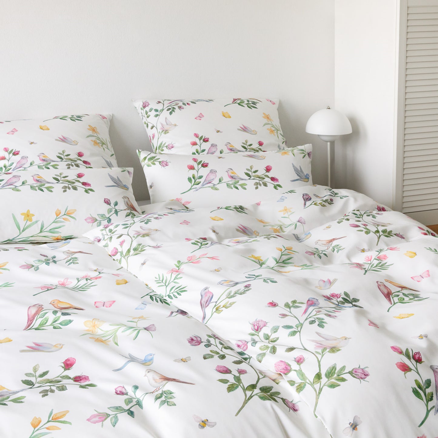 Elegante Mako Satin Bettwäsche Songbird 24525-0 Vögel Weiß 135x200