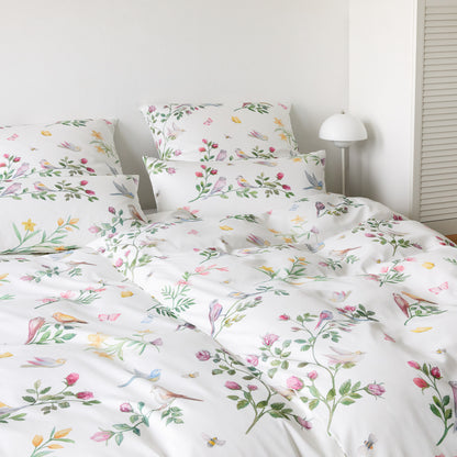 Elegante Mako Satin Bettwäsche Songbird 24525-0 Vögel Weiß 135x200