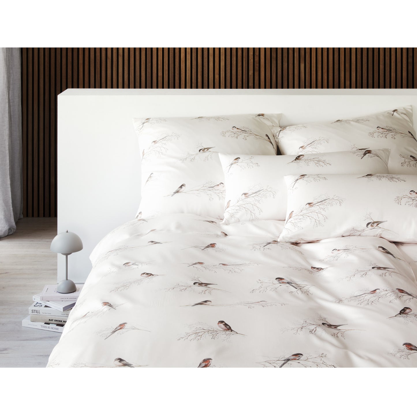 Elegante Mako Satin Bettwäsche Spätzchen 24553-0 Ecru Vögel 135x200