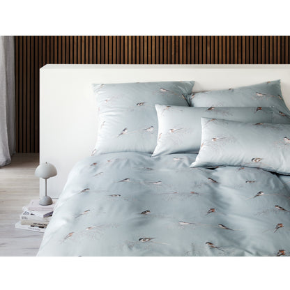 Elegante Mako Satin Bettwäsche Spätzchen 24553-2 Blau Vögel 135x200