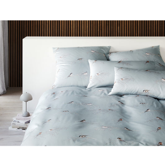 Elegante Mako Satin Bettwäsche Spätzchen 24553-2 Blau Vögel 135x200