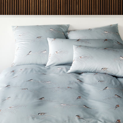 Elegante Mako Satin Bettwäsche Spätzchen 24553-2 Blau Vögel 135x200