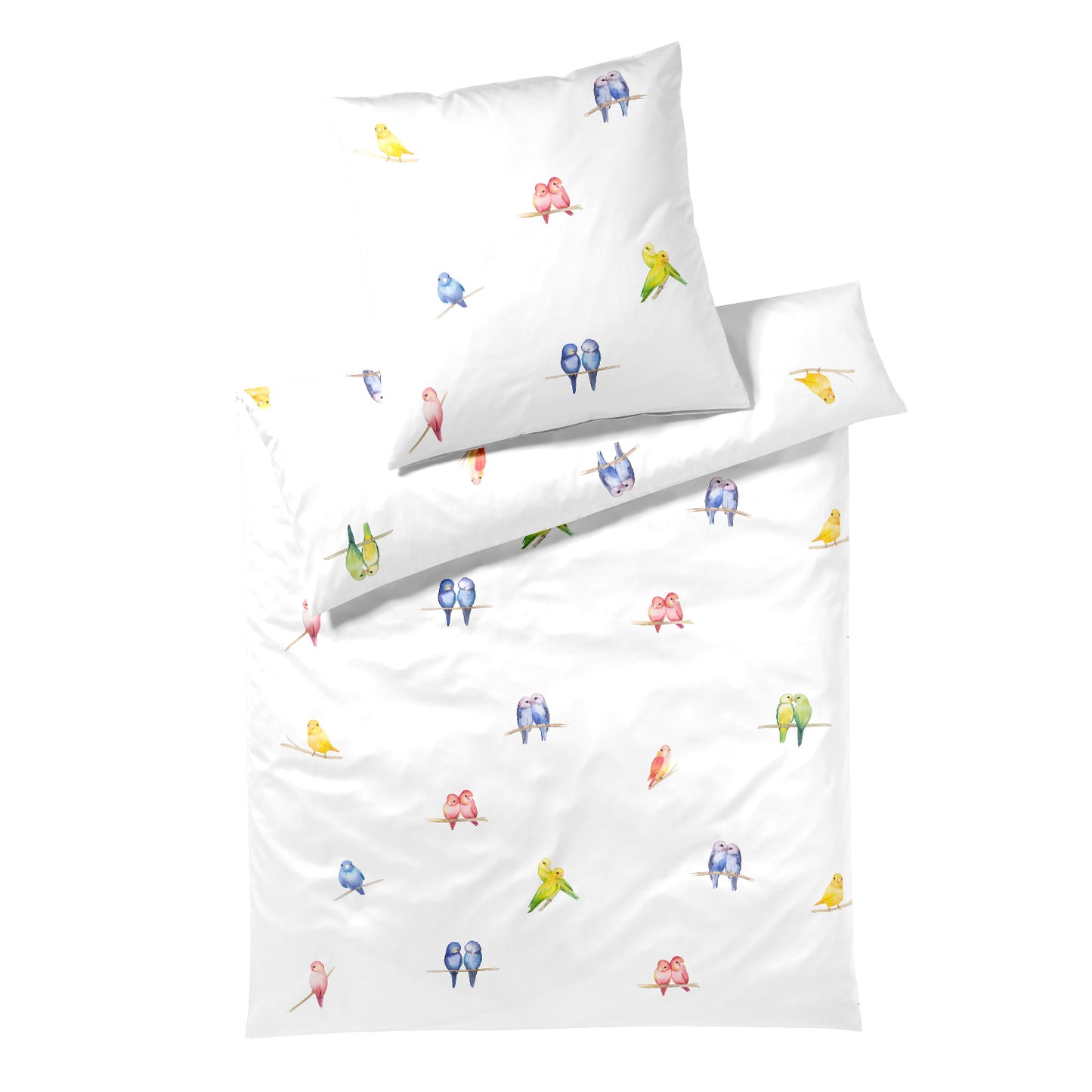 Elegante Mako Satin Bettwäsche Lovebirds 24573-0 weiß Vögel 135x200
