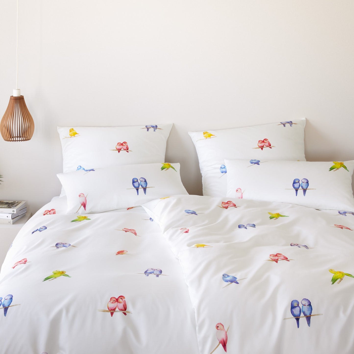 Elegante Mako Satin Bettwäsche Lovebirds 24573-0 weiß Vögel 135x200