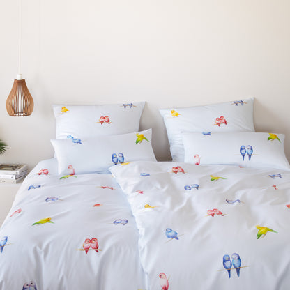Elegante Mako Satin Bettwäsche Lovebirds 24573-2 blau Vögel 135x200