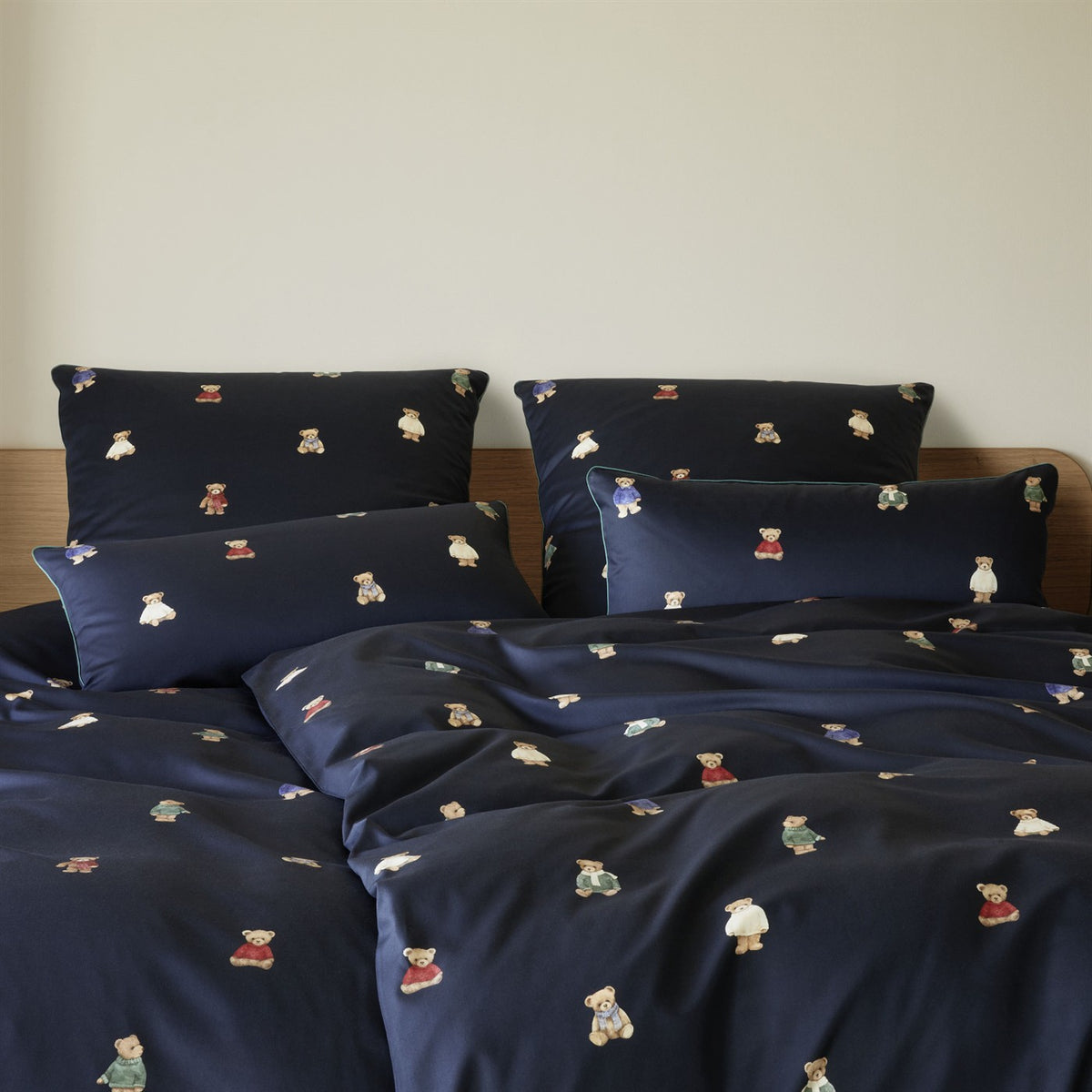 Bettwäsche Mako Satin Teddy Bear Blau mit Tiermotiven 135 x 200 cm