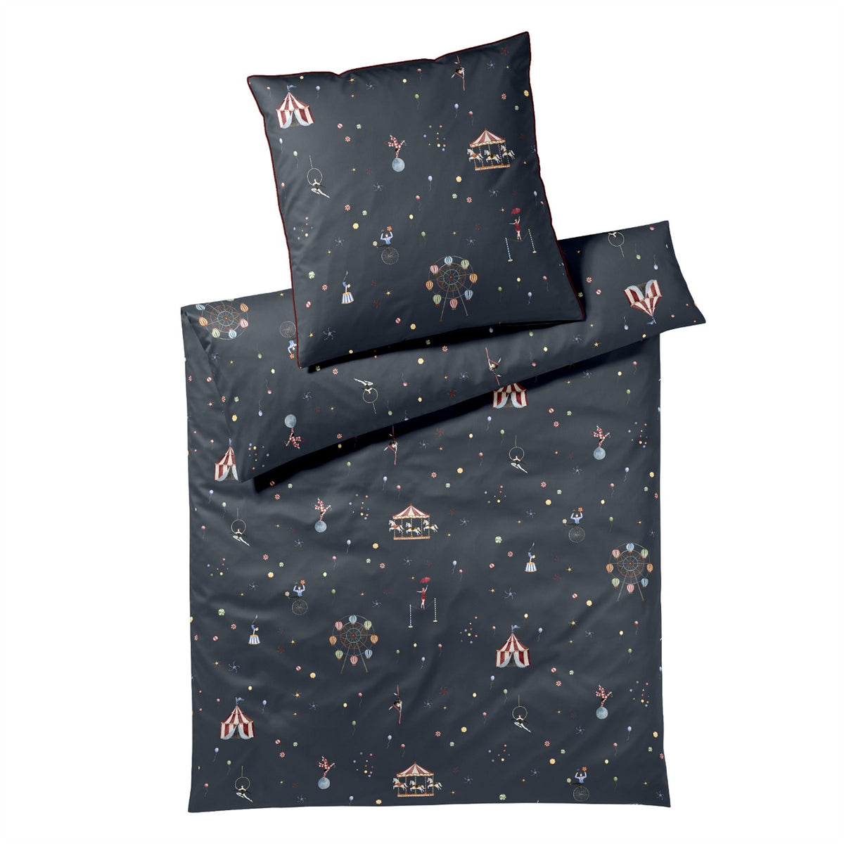 Bettwäsche Mako Satin Variete Anthrazit mit Zirkusmuster 135 x 200 cm