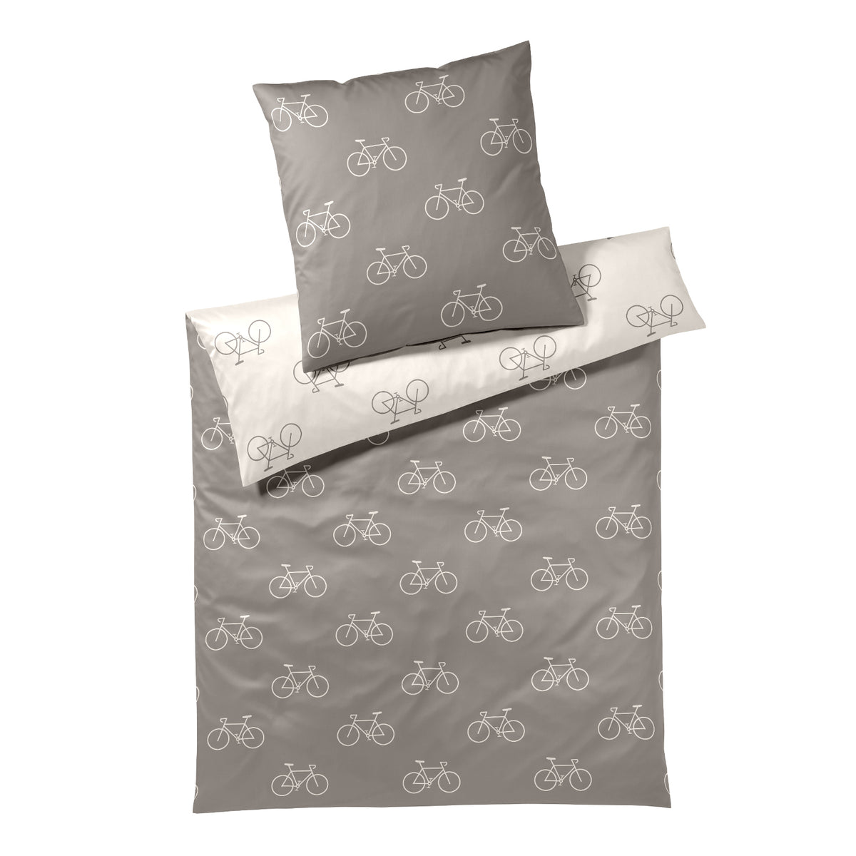 Bettwäsche Mako Satin Velo Taupe mit Fahrradmuster 135 x 200 cm