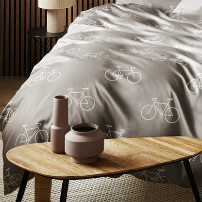 Bettwäsche Mako Satin Velo Taupe mit Fahrradmuster 135 x 200 cm
