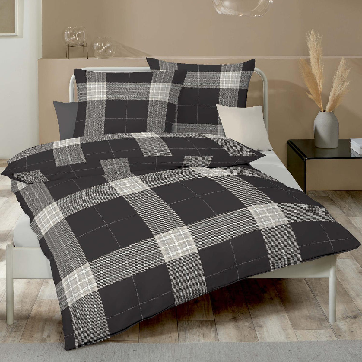 Bettwäsche Biber Glencheck allover Anthrazit mit Karomuster 135 x 200 cm