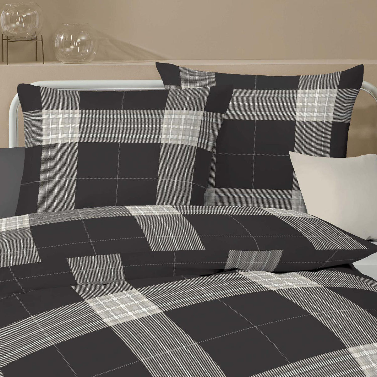Bettwäsche Biber Glencheck allover Anthrazit mit Karomuster 135 x 200 cm