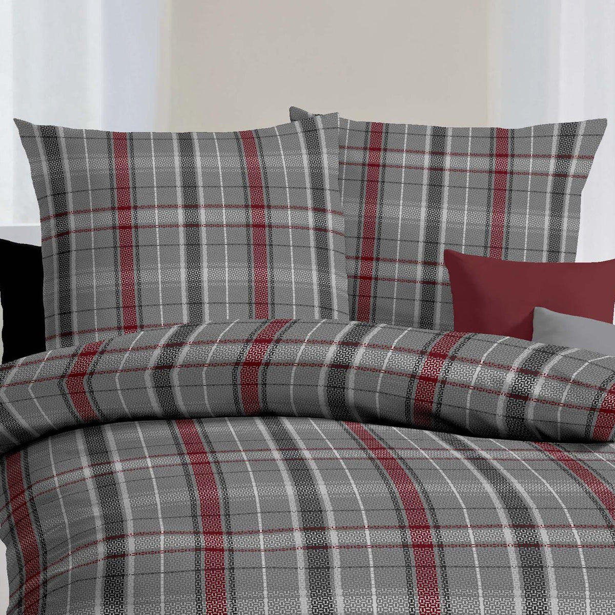 Bettwäsche Biber Villa allover Grau mit Karomuster 135 x 200 cm