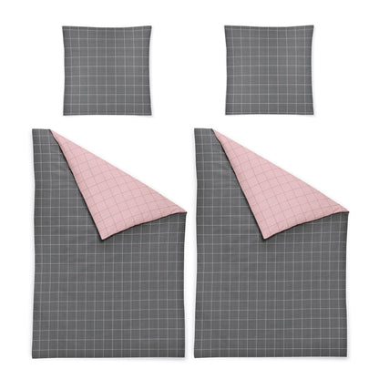 4 tlg Irisette Biber Bettwäsche Koala 8224-60 kariert grau rosa135x200