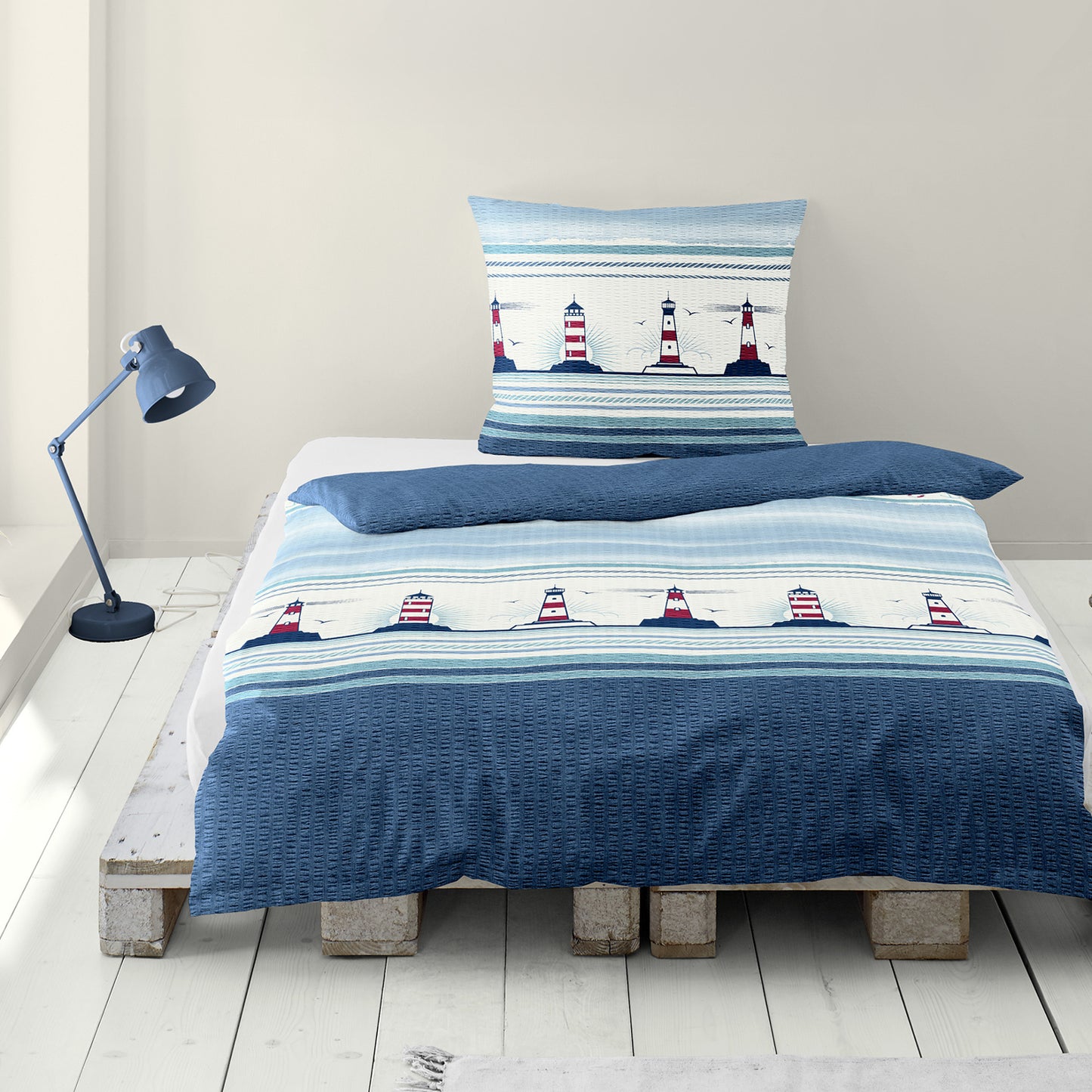 Bettwäsche Bierbaum Seersucker 3372-01 Leuchtturm Maritim blau 135x200