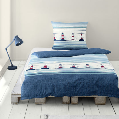 Bettwäsche Bierbaum Seersucker 3372-01 Leuchtturm Maritim blau 135x200
