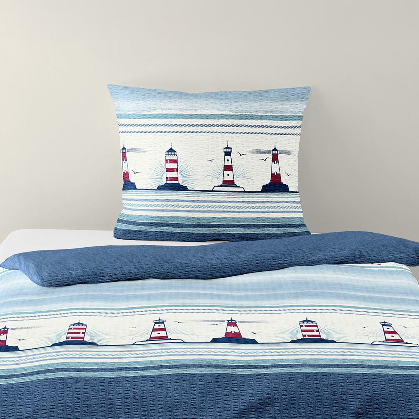 Bettwäsche Bierbaum Seersucker 3372-01 Leuchtturm Maritim blau 135x200