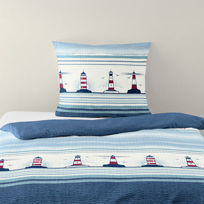 Bettwäsche Bierbaum Seersucker 3372-01 Leuchtturm Maritim blau 135x200