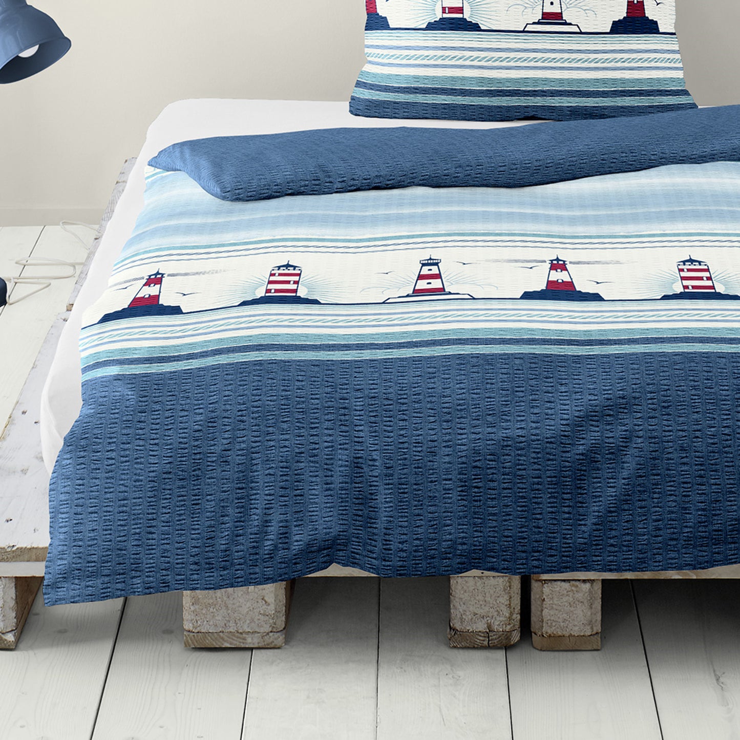 Bettwäsche Bierbaum Seersucker 3372-01 Leuchtturm Maritim blau 135x200