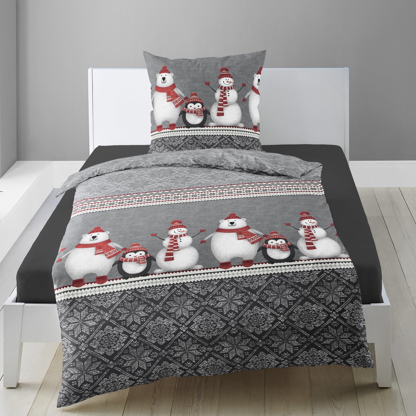 Bettwäsche Bierbaum Biber 3667-10 Eisbär Schneemann Grau Rot 135x200