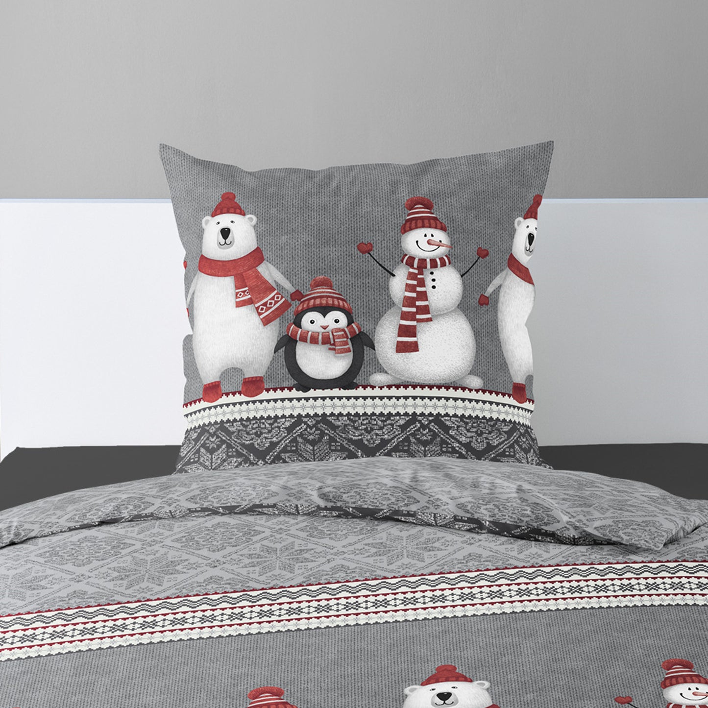 Bettwäsche Bierbaum Biber 3667-10 Eisbär Schneemann Grau Rot 135x200