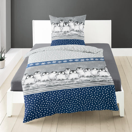 Bettwäsche Bierbaum Biber 3736-20 Pinguine Schneeflocken Grau 135x200