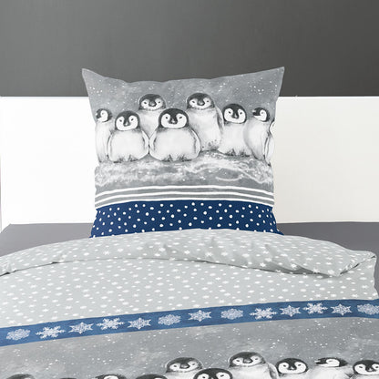 Bettwäsche Bierbaum Biber 3736-20 Pinguine Schneeflocken Grau 135x200