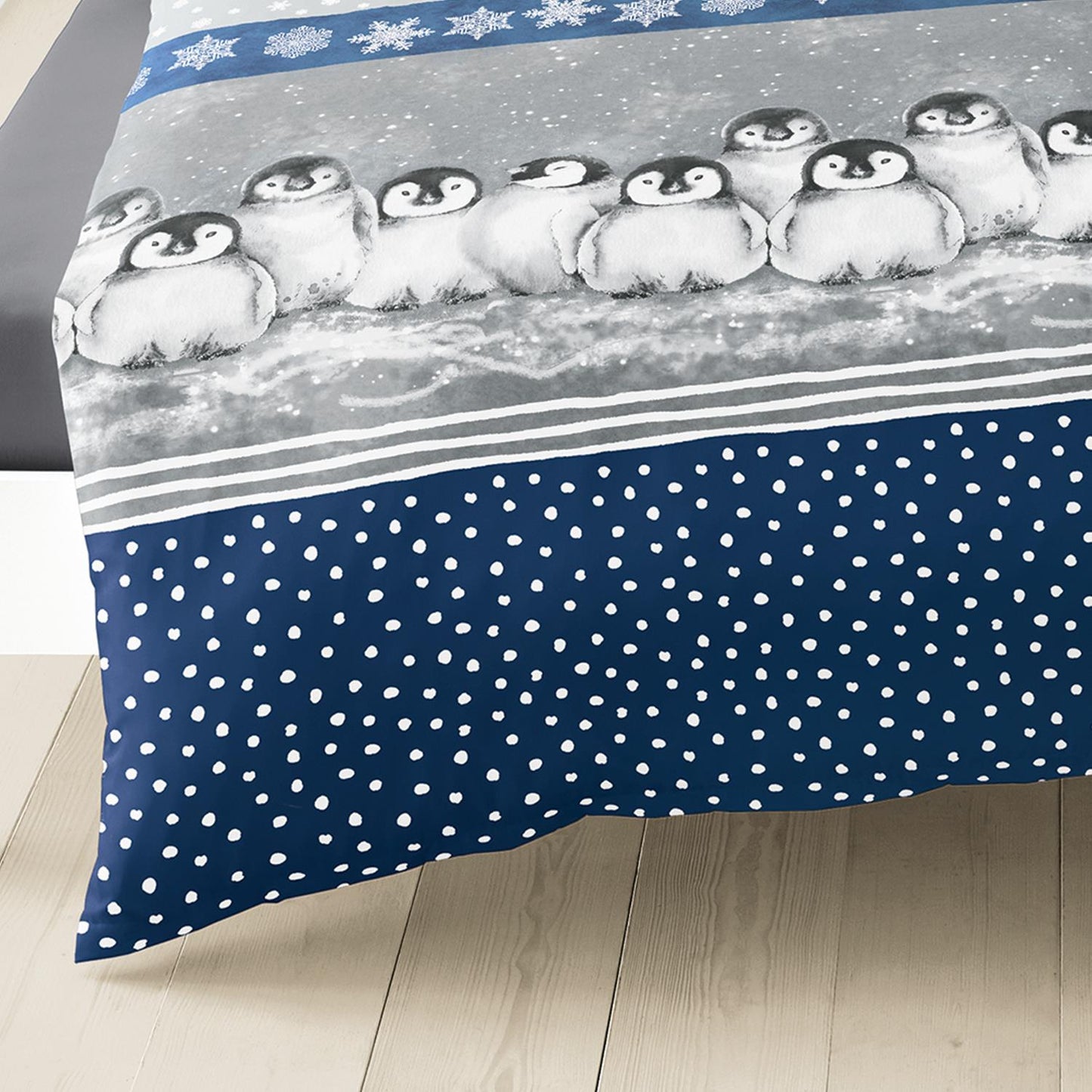Bettwäsche Bierbaum Biber 3736-20 Pinguine Schneeflocken Grau 135x200