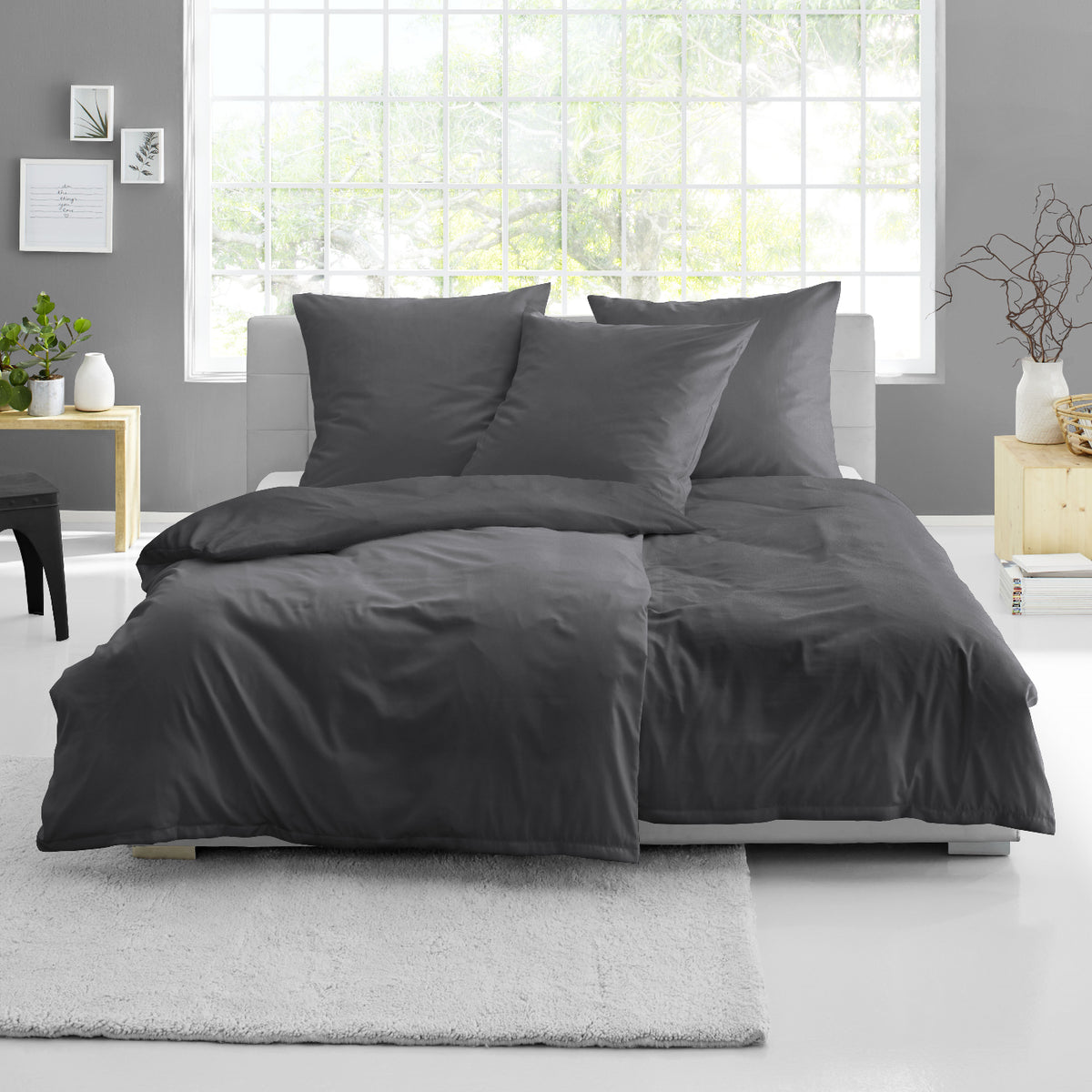 4 tlg. Bettwäsche Mako Satin Bierbaum 3899-12 grafit unifarben 135x200