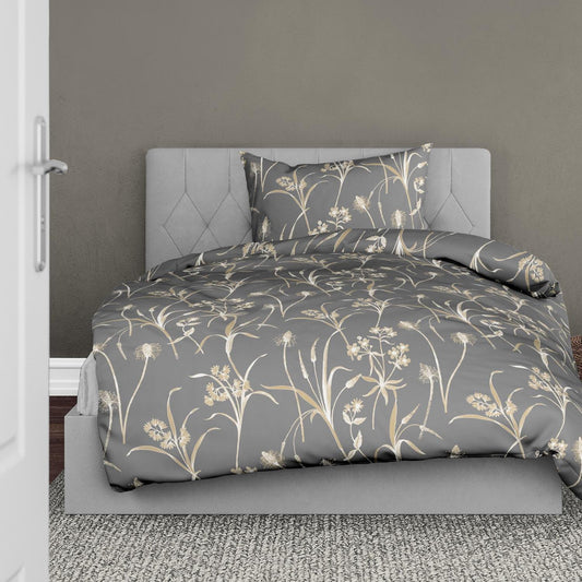 Bettwäsche Bierbaum Mako Satin 3987-80 Blumen Grau Natur Gold 135x200