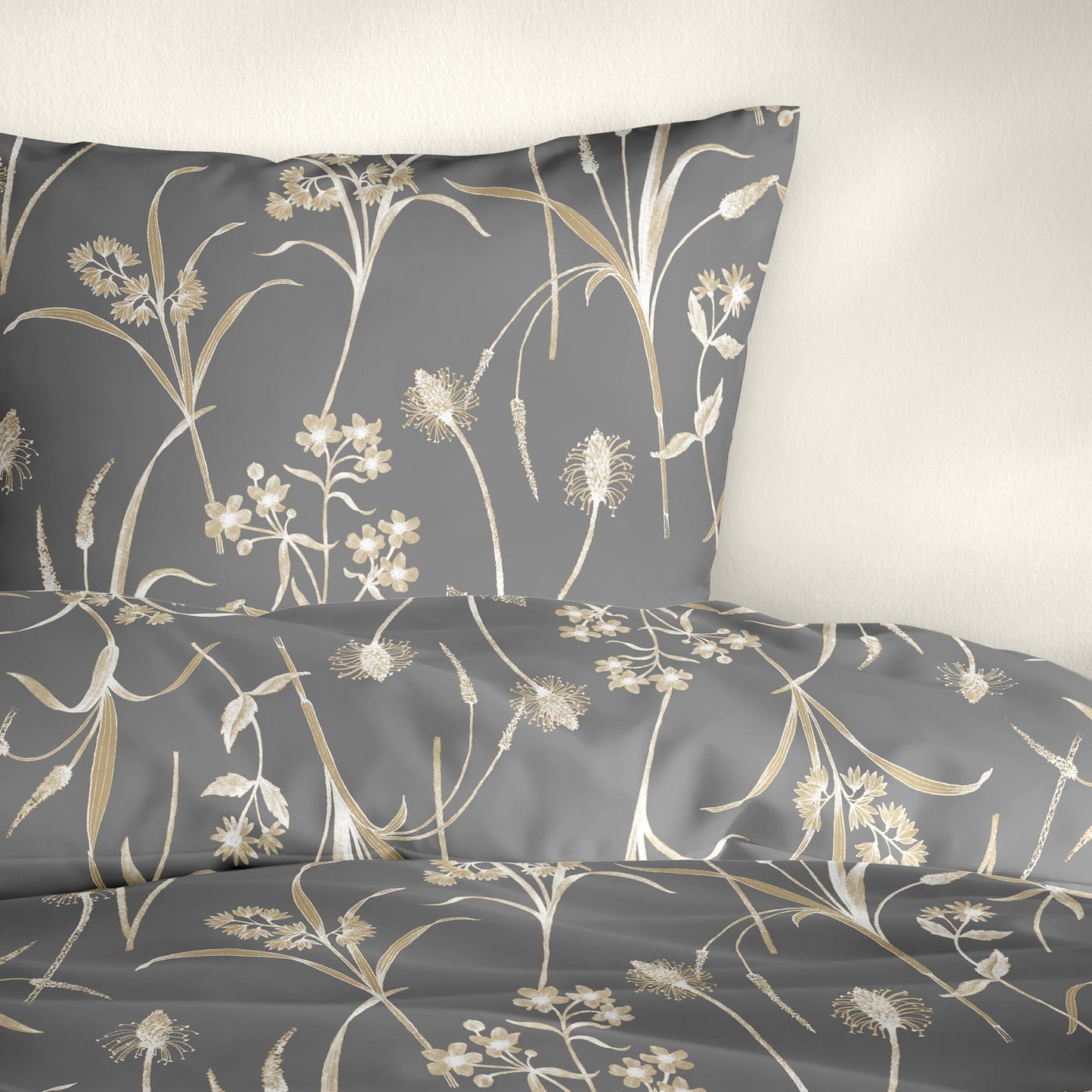 Bettwäsche Bierbaum Mako Satin 3987-80 Blumen Grau Natur Gold 135x200