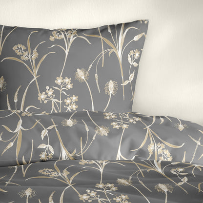 Bettwäsche Bierbaum Mako Satin 3987-80 Blumen Grau Natur Gold 135x200