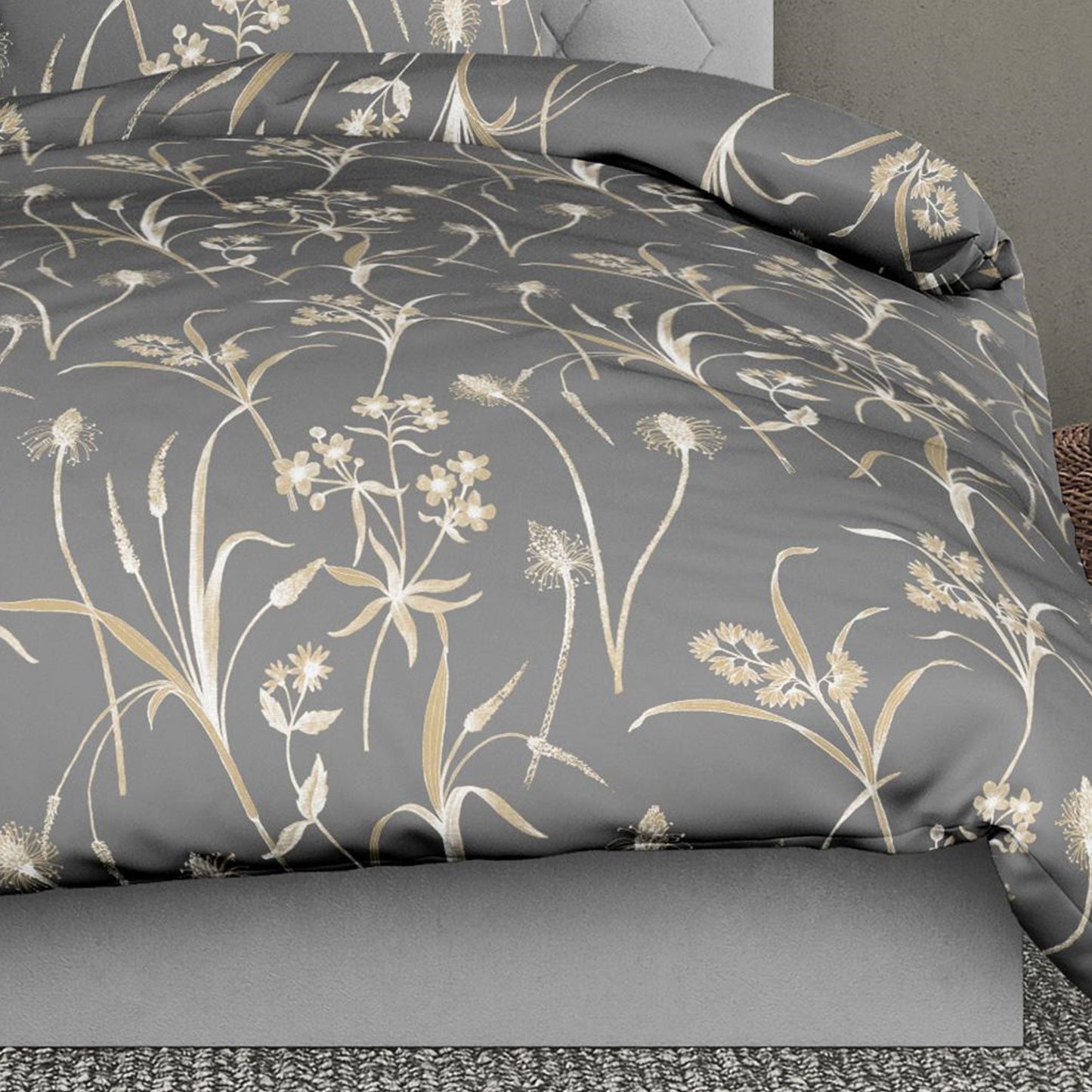 Bettwäsche Bierbaum Mako Satin 3987-80 Blumen Grau Natur Gold 135x200