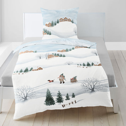 Biber Bettwäsche bleu mit Winterlandschaft 135 x 200 cm