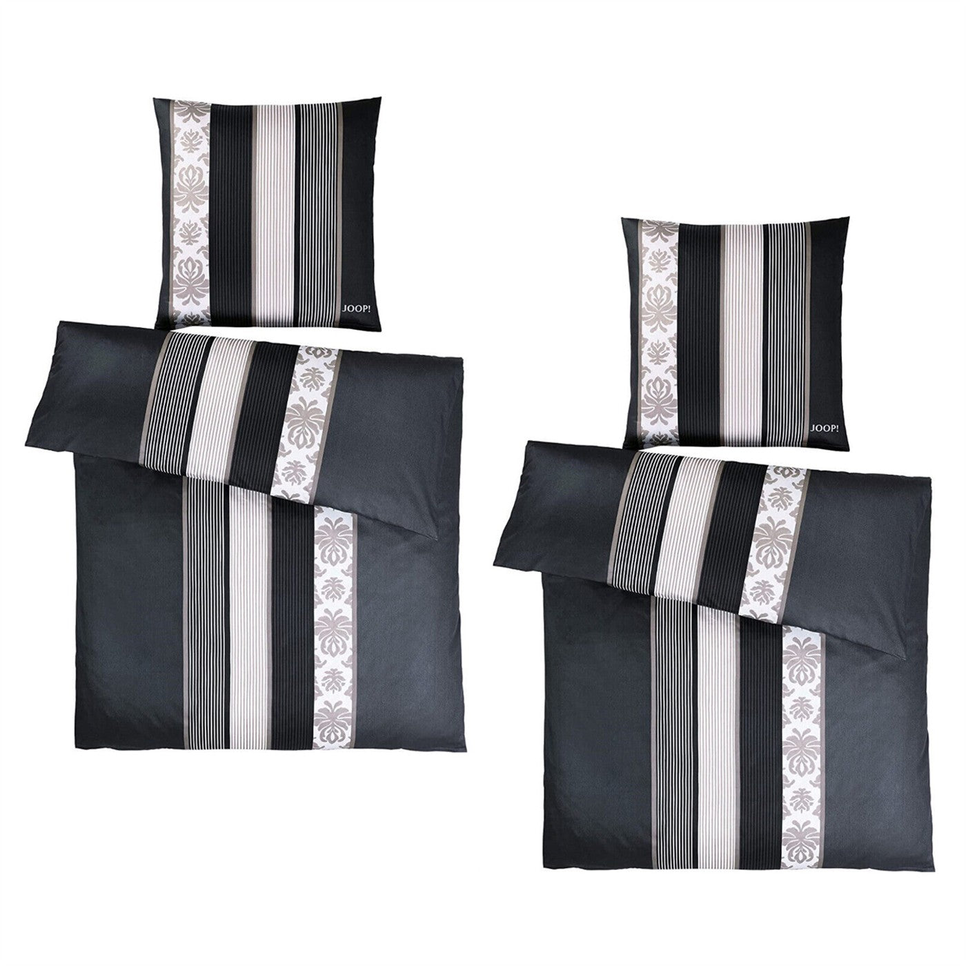 Bettwäsche Mako Satin Ornament Stripes Schwarz mit Stadtmotiv 4-teilig 135 x 200 cm