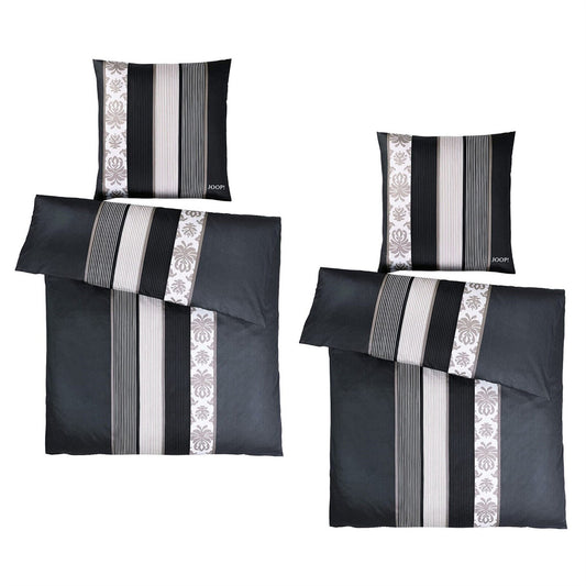 Bettwäsche Mako Satin Ornament Stripes Schwarz mit Stadtmotiv 4-teilig 135 x 200 cm