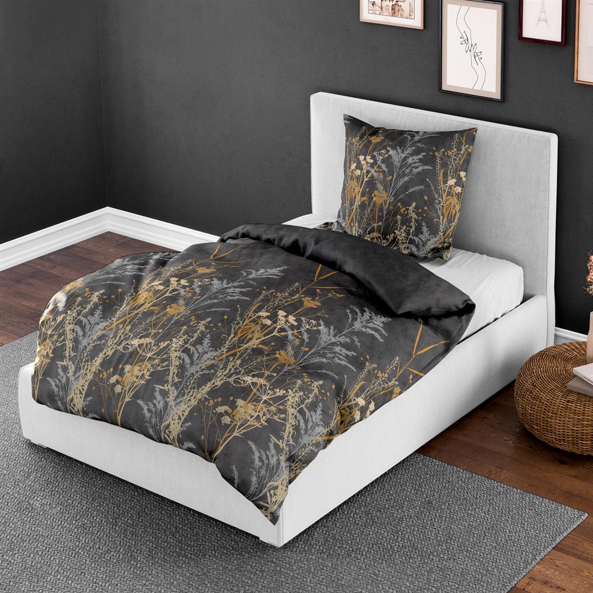 Bettwäsche Bierbaum Mako Satin 4042-10 grafit gold Gräser 135x200