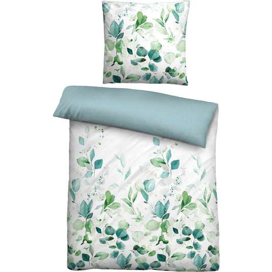 Bettwäsche Tencel Satin aqua mit floralem Blattmuster 135 x 200 cm
