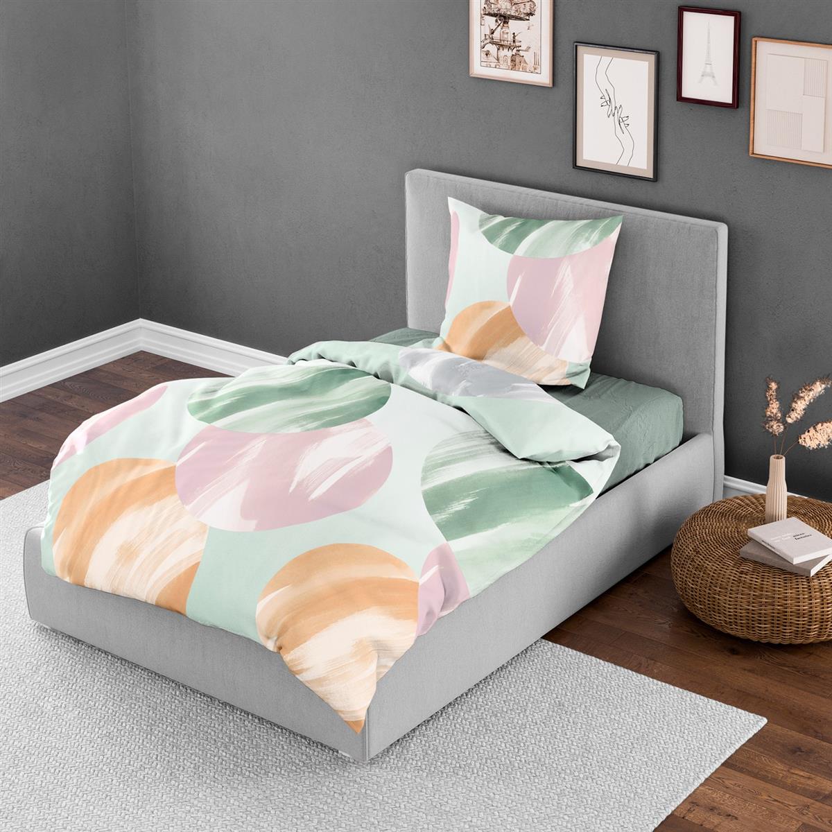 Bettwäsche Bierbaum Mako Satin 4113-30 Kreise lind rosa orange 135x200