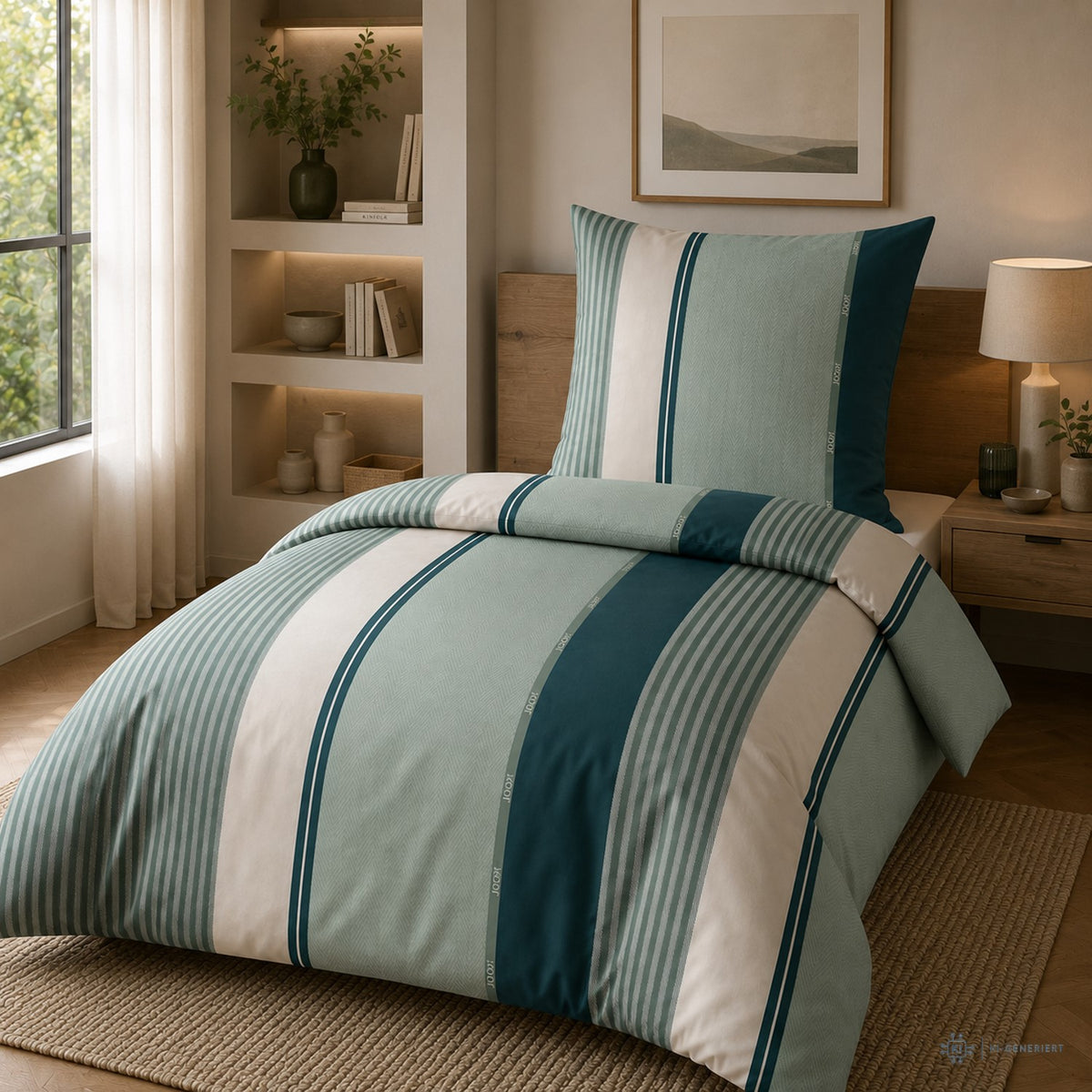 Bettwäsche Mako Satin Herringbone Stripes Grün mit Streifenmuster 135 x 200 cm